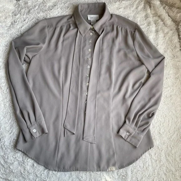 Vintage dove grey pussy bow tie neck blouse secretary 90s taupe long sleeve L - Picture 6 of 17